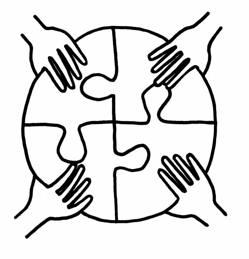 Four hands fitting puzzle pieces together into one circle